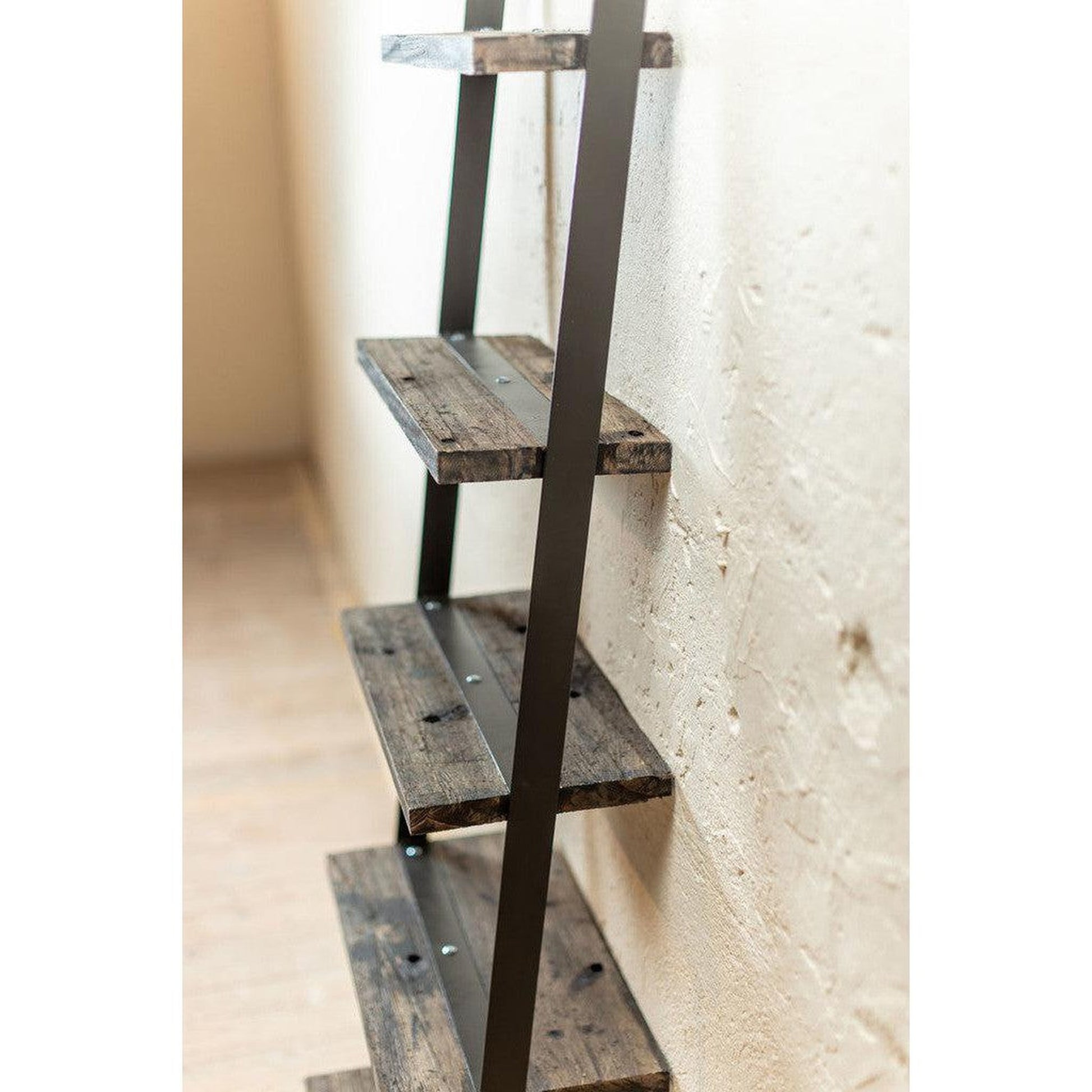 Stone County Ironworks Urban Forge 24" Hand Rubbed Pewter Iron Ladder Wall Shelf With Natural Oak Wood Finish Top