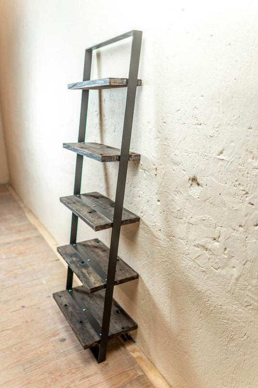 Stone County Ironworks Urban Forge 24" Hand Rubbed Pewter Iron Ladder Wall Shelf With Natural Oak Wood Finish Top