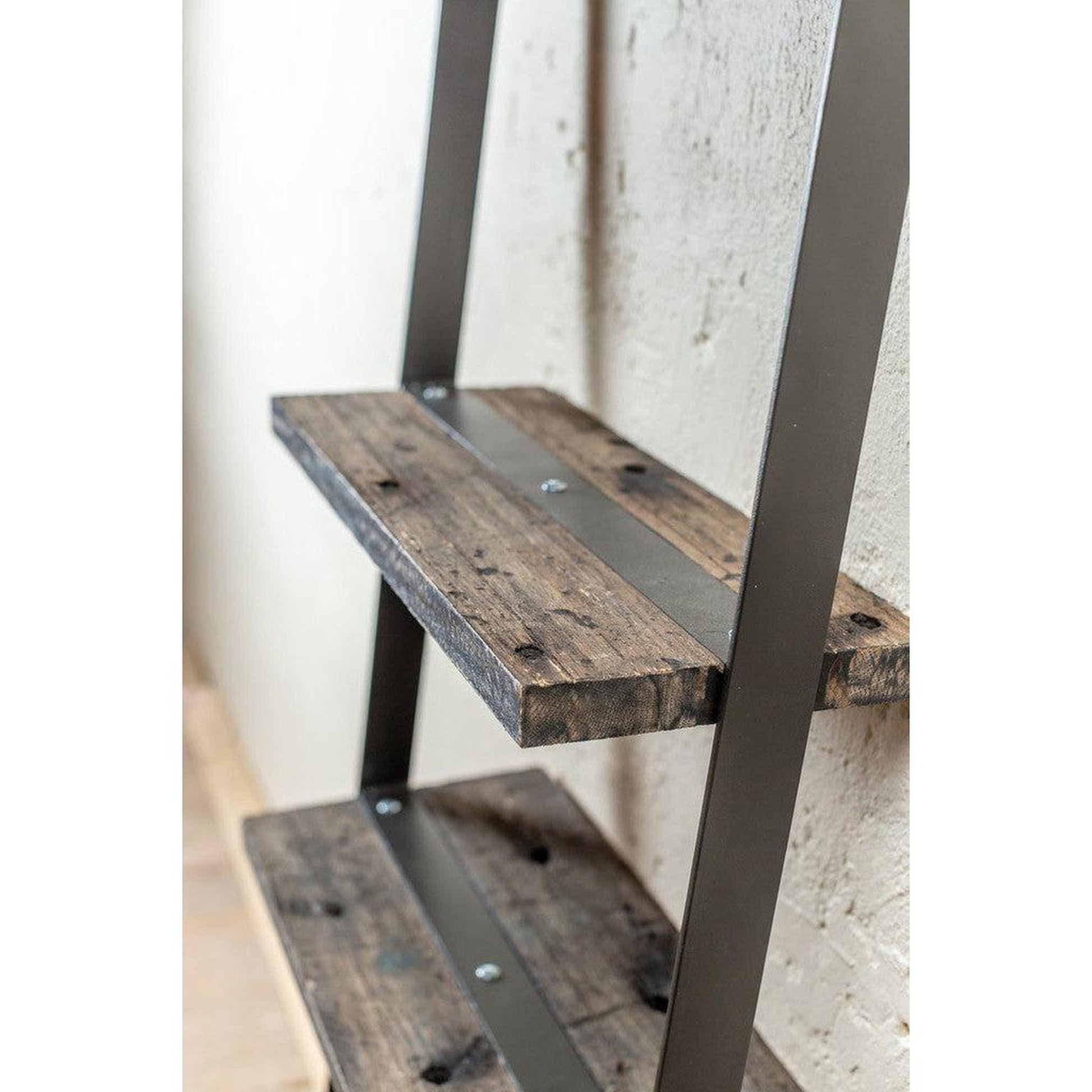 Stone County Ironworks Urban Forge 24" Hand Rubbed Pewter Iron Ladder Wall Shelf With Oil Stained Oak Wood Finish