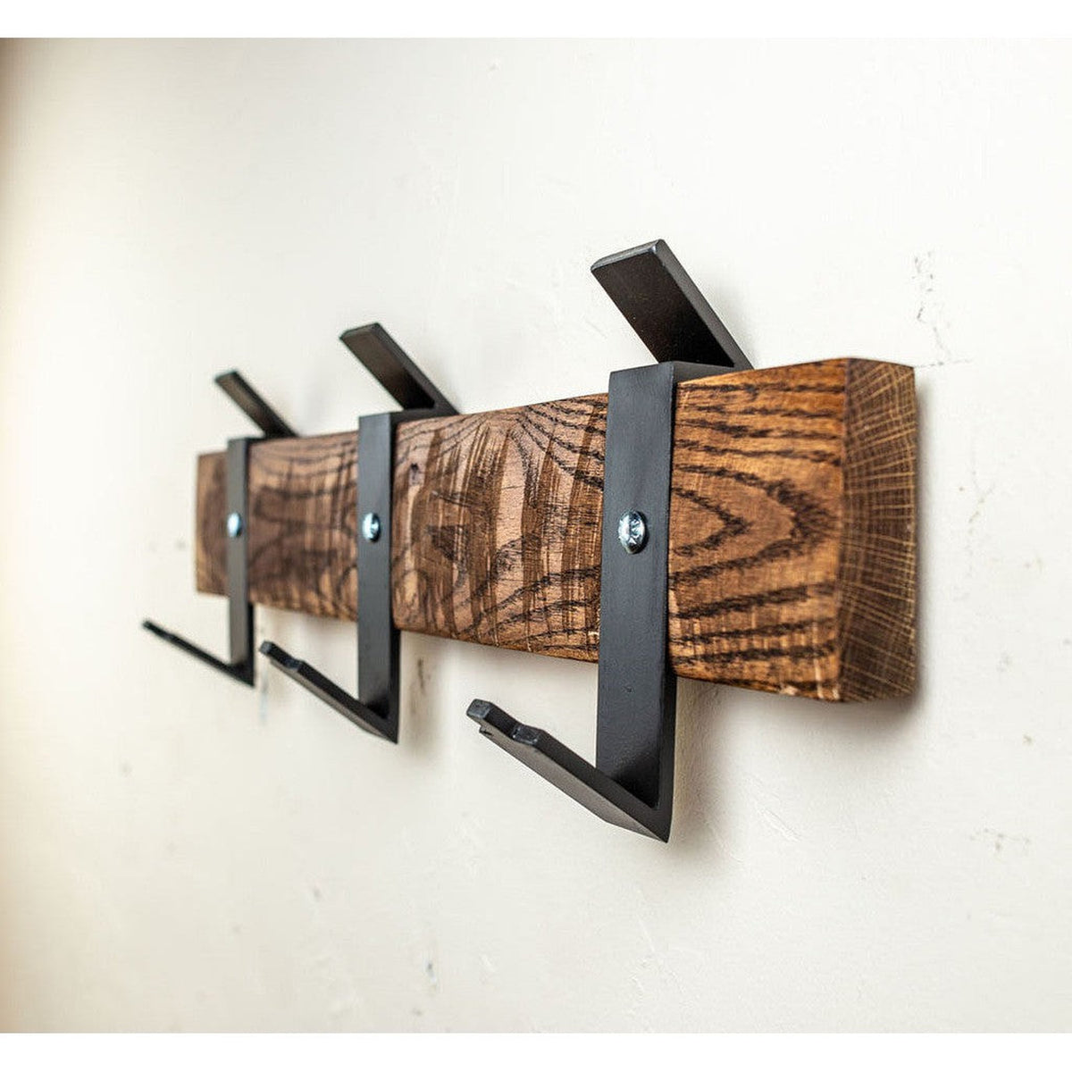 Stone County Ironworks Urban Forge 24" Hand Rubbed Pewter Iron Wall Rack English Oak Wood Finish