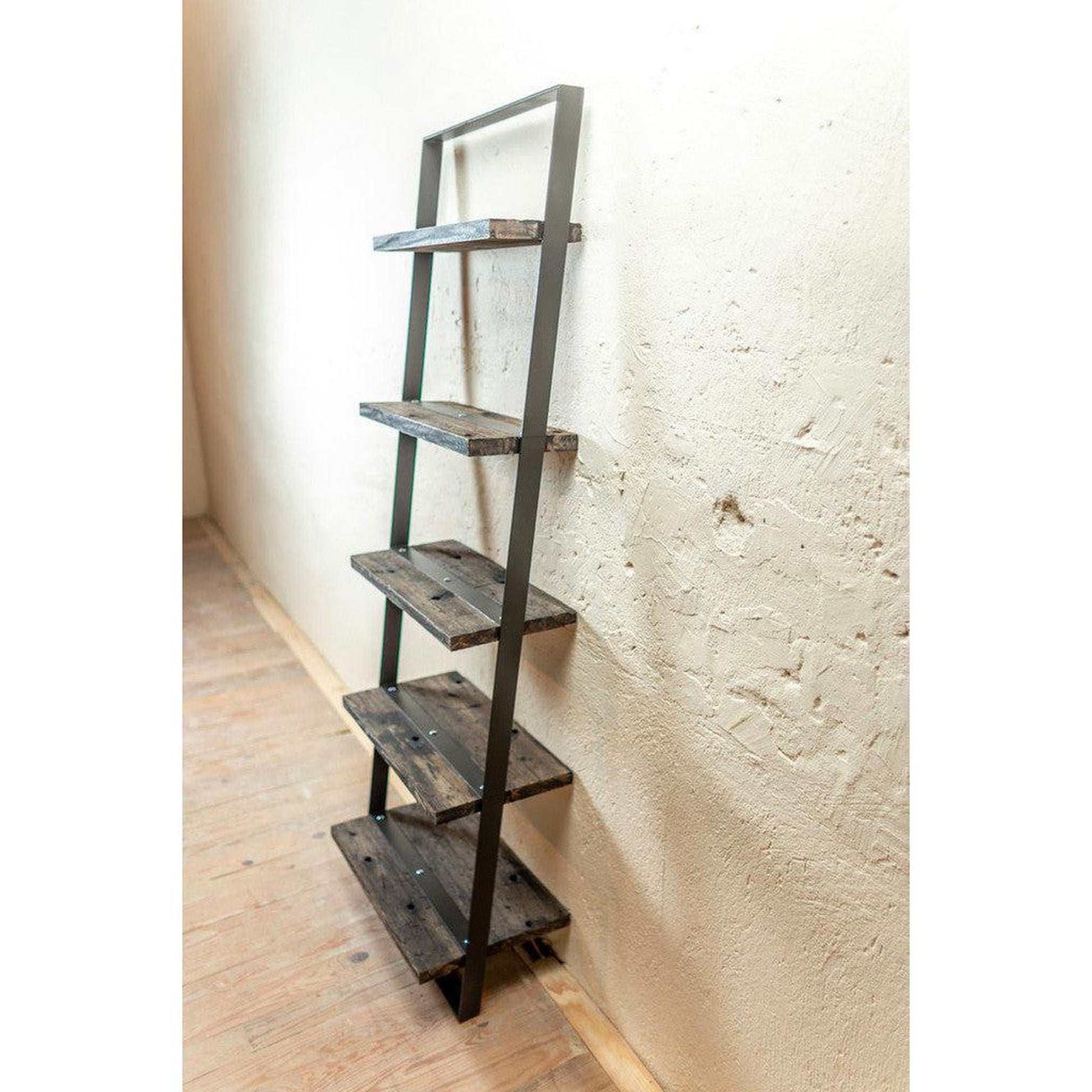 Stone County Ironworks Urban Forge 24" Satin Black Iron Ladder Wall Shelf With Pewter Iron Accent and Oil Stained Oak Wood Finish
