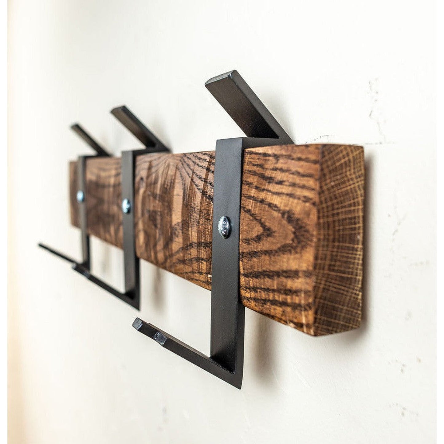 Stone County Ironworks Urban Forge 24" Satin Black Iron Wall Rack With Pewter Iron Accent and Natural Oak Wood Finish