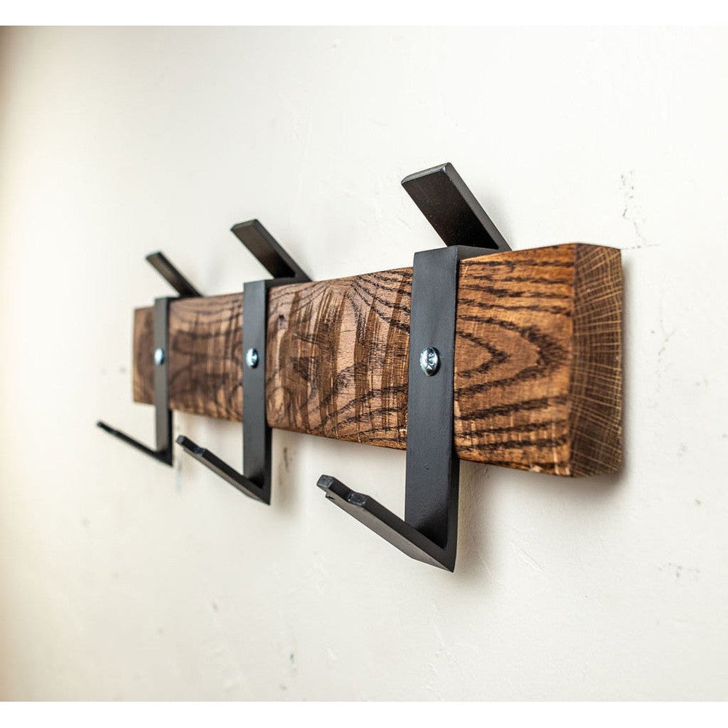 Stone County Ironworks Urban Forge 24" Satin Black Iron Wall Rack With Pewter Iron Accent and Natural Oak Wood Finish