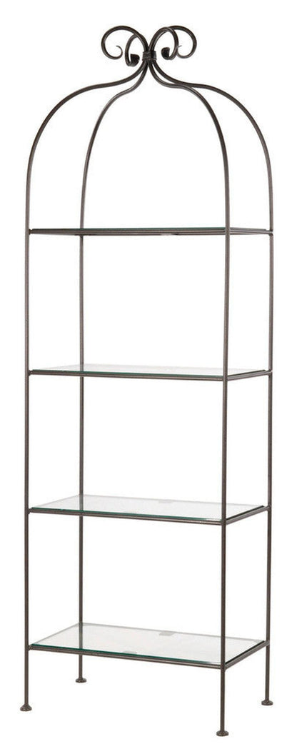 Stone County Ironworks Wrapped Scroll 26" 4-Tier Burnished Gold Iron Standing Shelf With Copper Iron Accent and Polished Flat Edge Glass Top
