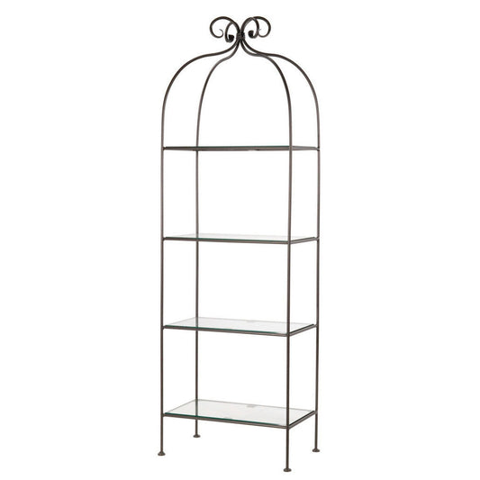 Stone County Ironworks Wrapped Scroll 26" 4-Tier Burnished Gold Iron Standing Shelf With Copper Iron Accent and Polished Flat Edge Glass Top
