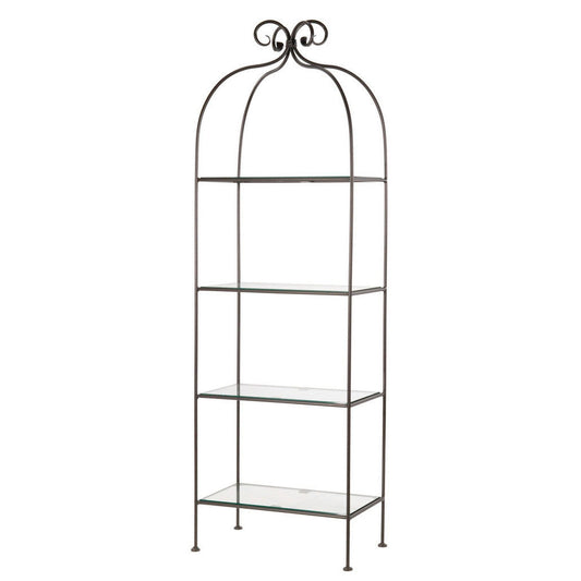 Stone County Ironworks Wrapped Scroll 26" 4-Tier Burnished Gold Iron Standing Shelf With Gold Iron Accent and Polished Flat Edge Glass Top