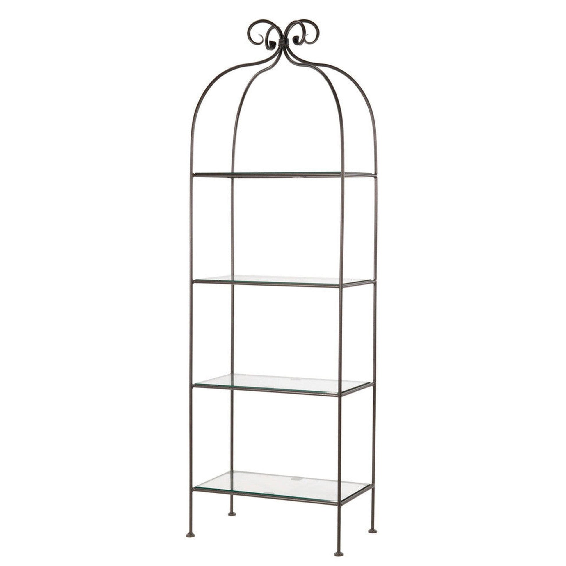 Stone County Ironworks Wrapped Scroll 26" 4-Tier Burnished Gold Iron Standing Shelf With Polished Flat Edge Glass Top