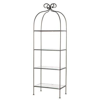 Stone County Ironworks Wrapped Scroll 26" 4-Tier Chalk White Iron Standing Shelf With Clear Oak Wood Finish Top