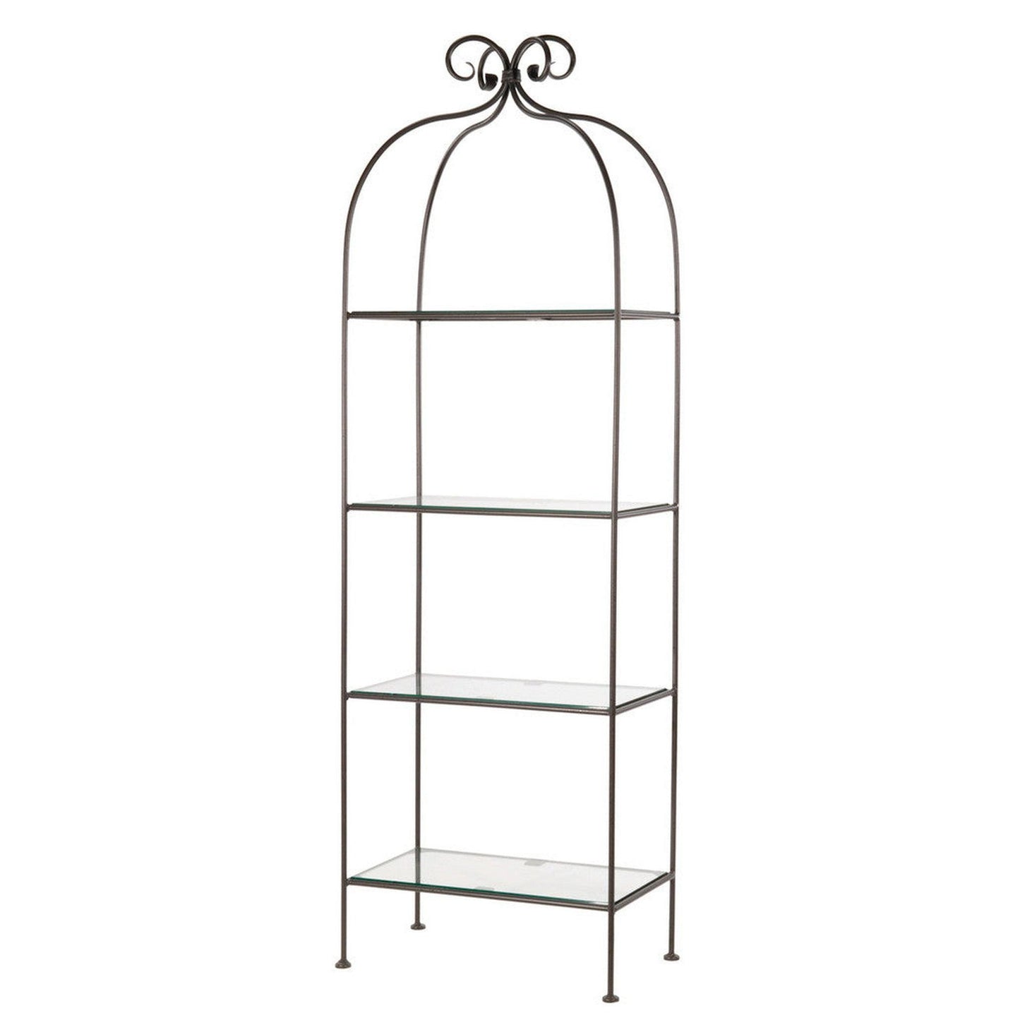 Stone County Ironworks Wrapped Scroll 26" 4-Tier Chalk White Iron Standing Shelf With Copper Iron Accent and Clear Oak Wood Finish Top