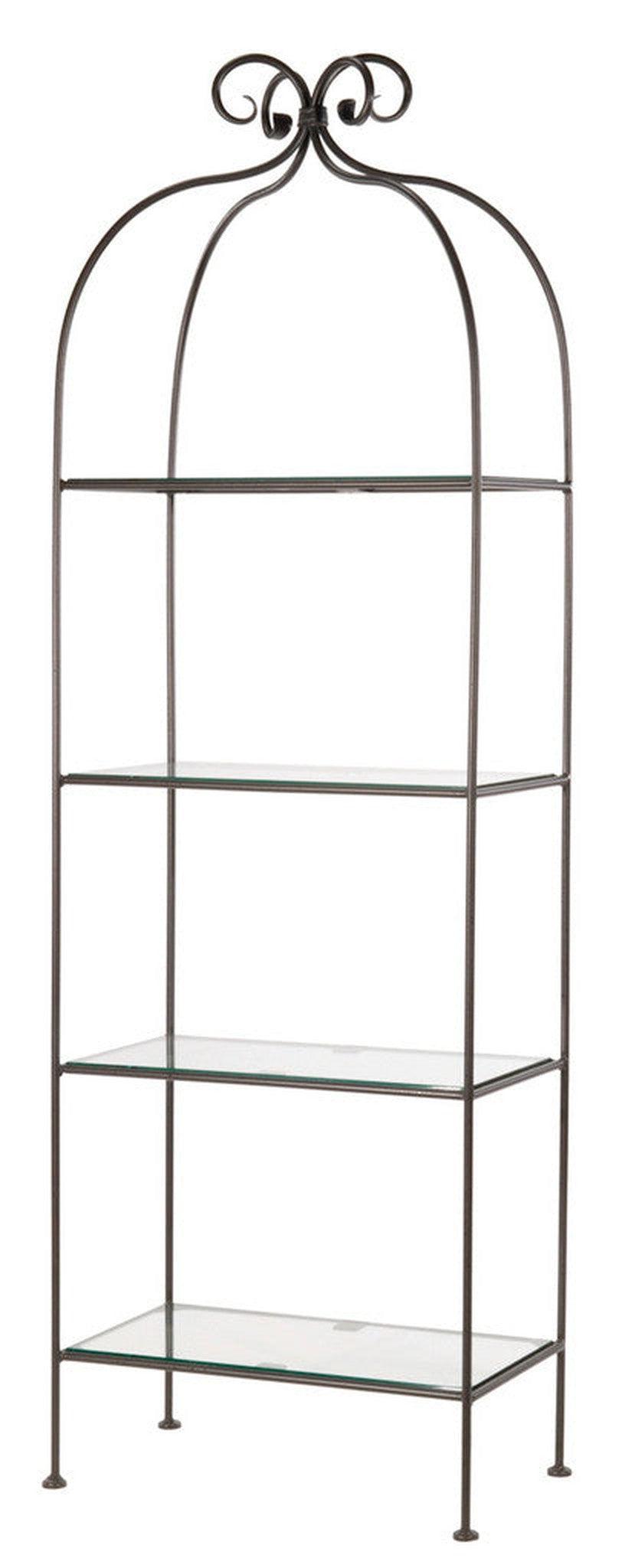 Stone County Ironworks Wrapped Scroll 26" 4-Tier Hand Rubbed Brass Iron Standing Shelf With Clear Oak Wood Finish Top
