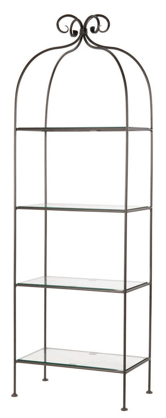 Stone County Ironworks Wrapped Scroll 26" 4-Tier Hand Rubbed Bronze Iron Standing Shelf With Clear Oak Wood Finish Top