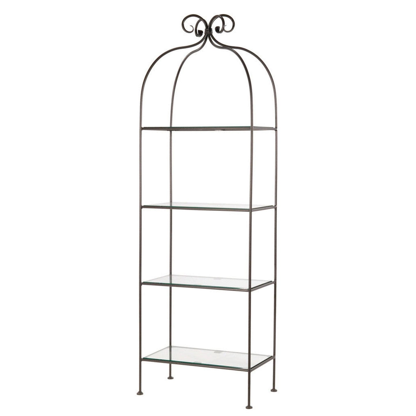 Stone County Ironworks Wrapped Scroll 26" 4-Tier Natural Black Iron Standing Shelf With Copper Iron Accent and Polished Flat Edge Glass Top