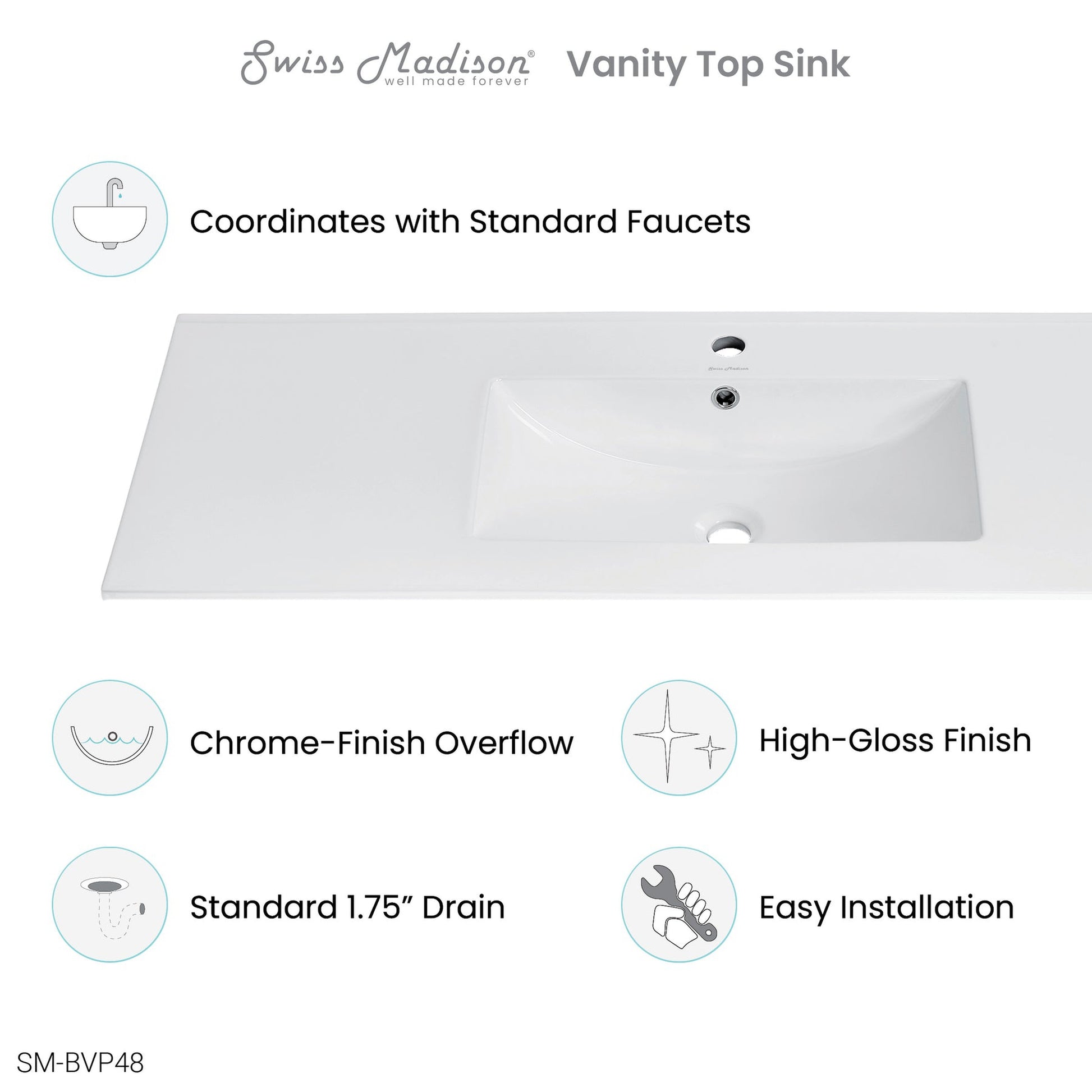 Swiss Madison 48" Rectangular Ceramic Vanity Top With Sink