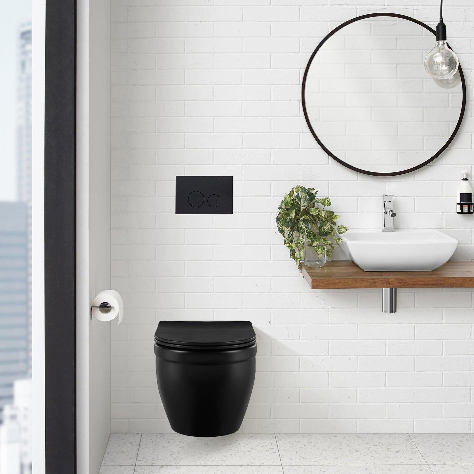 Swiss Madison 9" Matte Black Wall-Mounted Actuator Flush Push Button Plate With Dual Flush System and Round Buttons