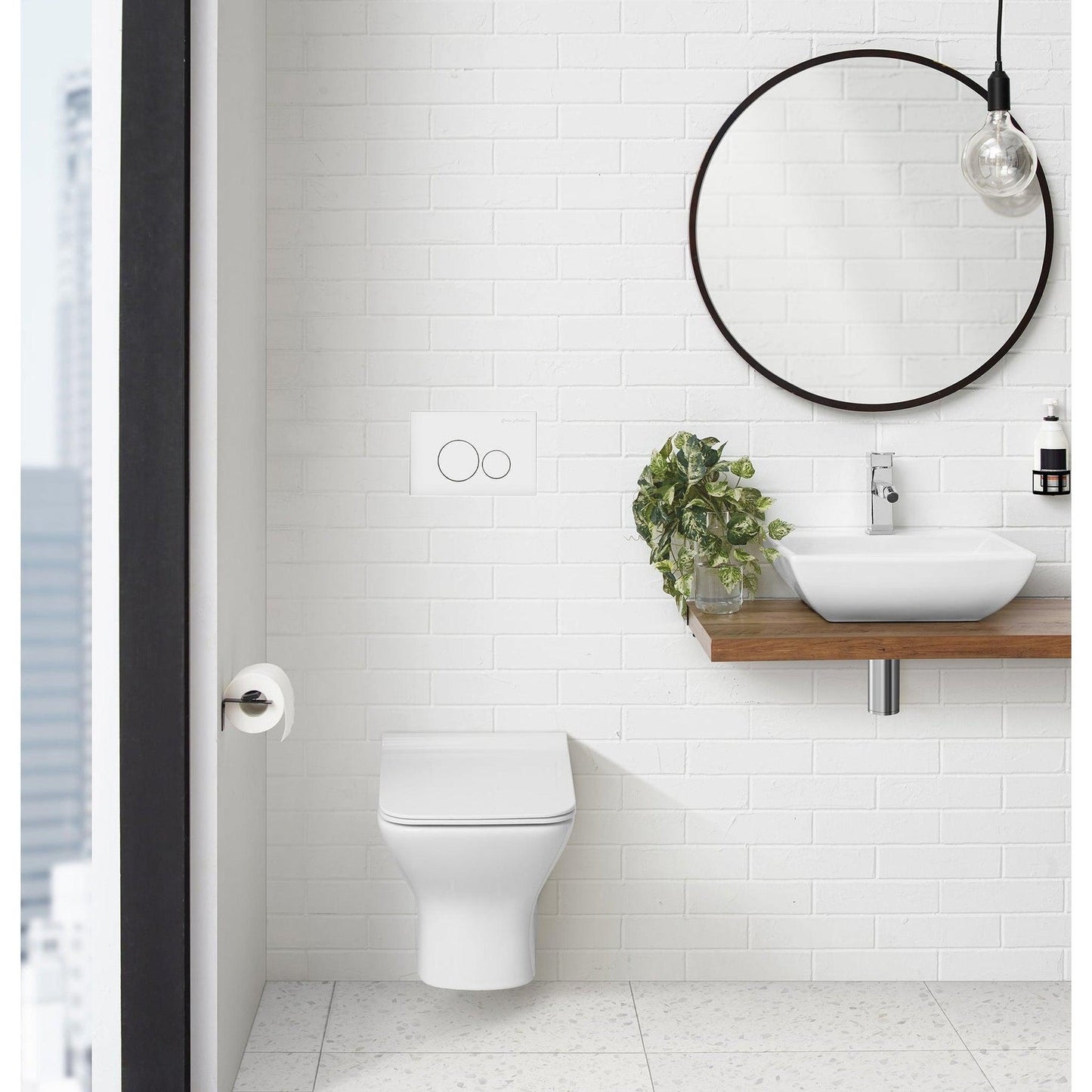 Swiss Madison 9" White Wall-Mounted Actuator Flush Push Button Plate With Dual Flush System and Round Buttons