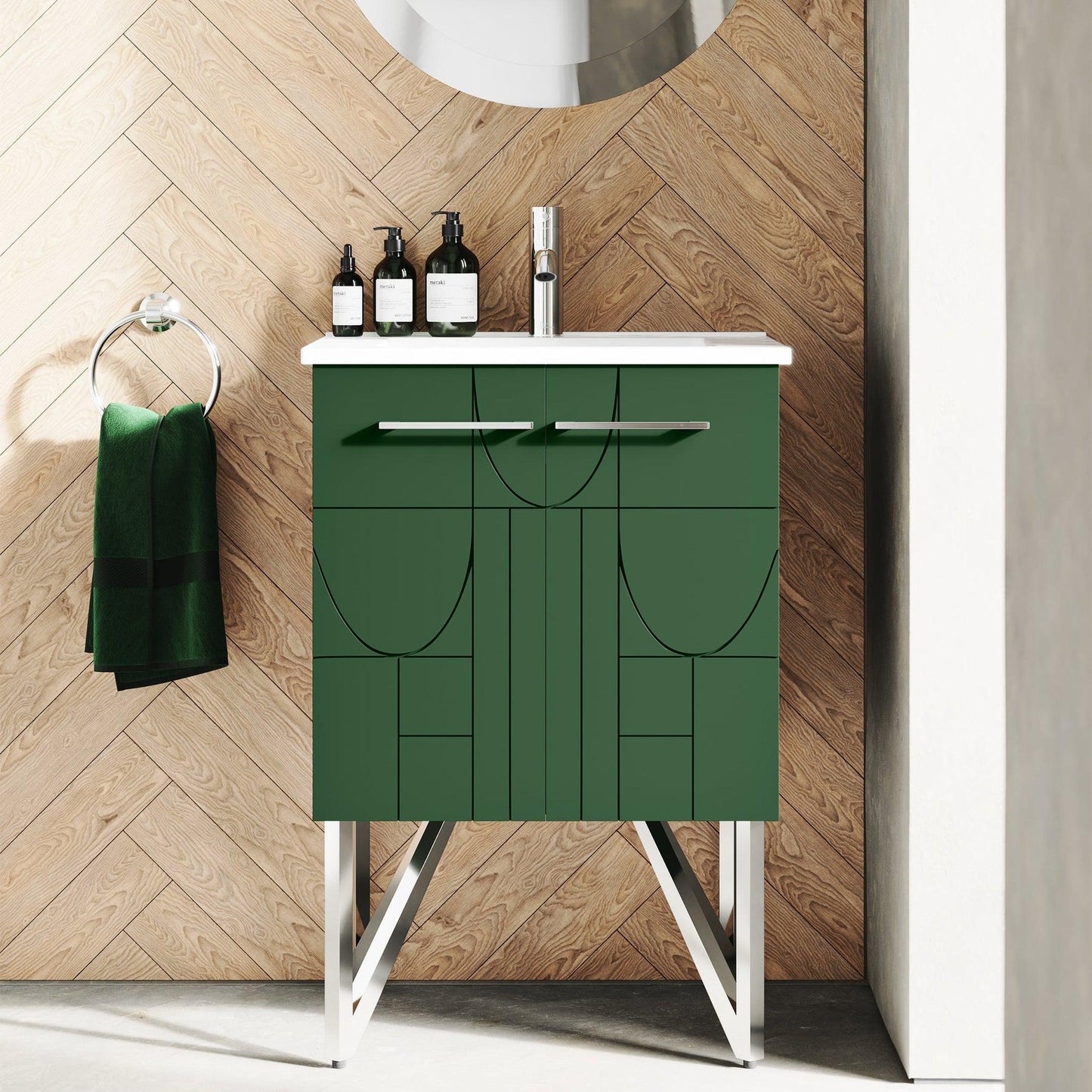 Swiss Madison Annecy 24" x 35" Freestanding Atlas Green Bathroom Vanity With Ceramic Single Sink and Stainless Steel Metal Legs