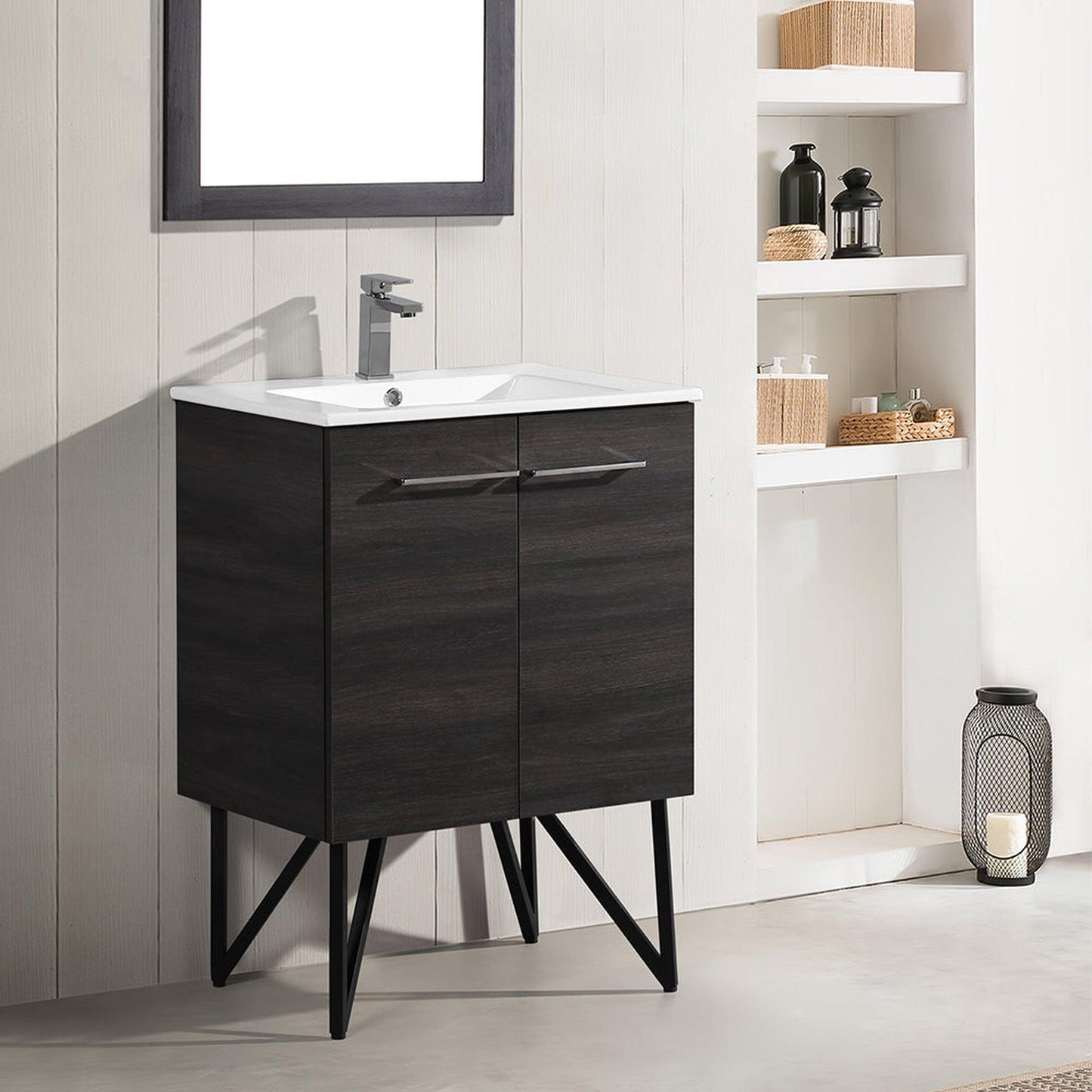 Swiss Madison Annecy 24" x 35" Freestanding Black Walnut Bathroom Vanity With Ceramic Single Sink and Stainless Steel Metal Legs