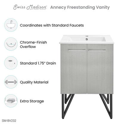 Swiss Madison Annecy 24" x 35" Freestanding Brushed Gray Bathroom Vanity With Ceramic Single Sink and Stainless Steel Metal Legs