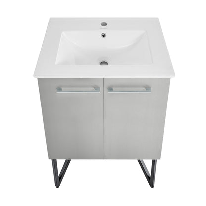 Swiss Madison Annecy 24" x 35" Freestanding Brushed Gray Bathroom Vanity With Ceramic Single Sink and Stainless Steel Metal Legs