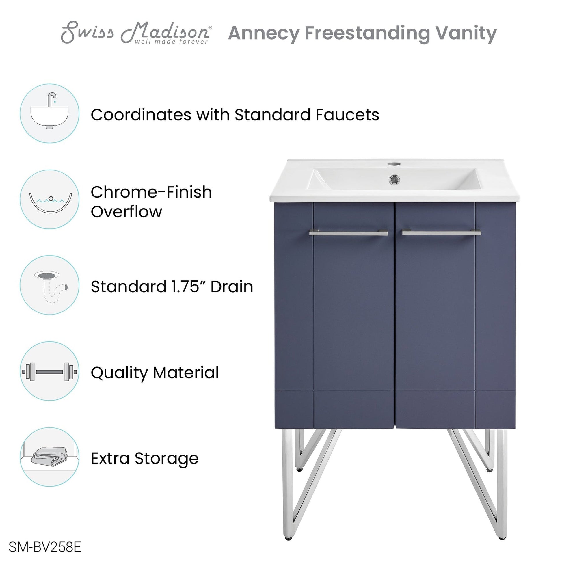 Swiss Madison Annecy 24" x 35" Freestanding Cinder Purple Bathroom Vanity With Ceramic Single Sink and Stainless Steel Metal Legs