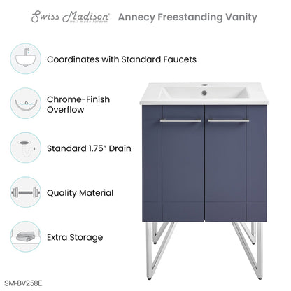 Swiss Madison Annecy 24" x 35" Freestanding Cinder Purple Bathroom Vanity With Ceramic Single Sink and Stainless Steel Metal Legs