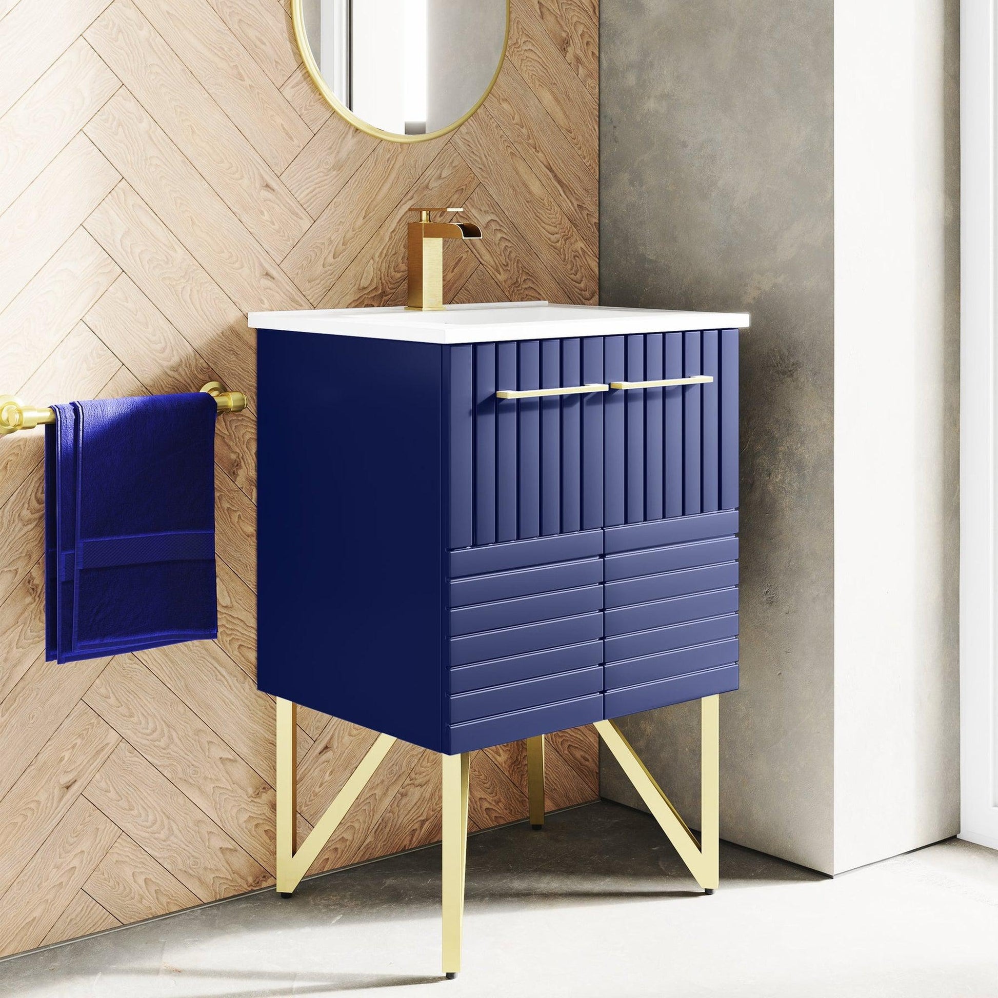 Swiss Madison Annecy 24" x 35" Freestanding Granger Blue Bathroom Vanity With Ceramic Single Sink and Stainless Steel Metal Legs