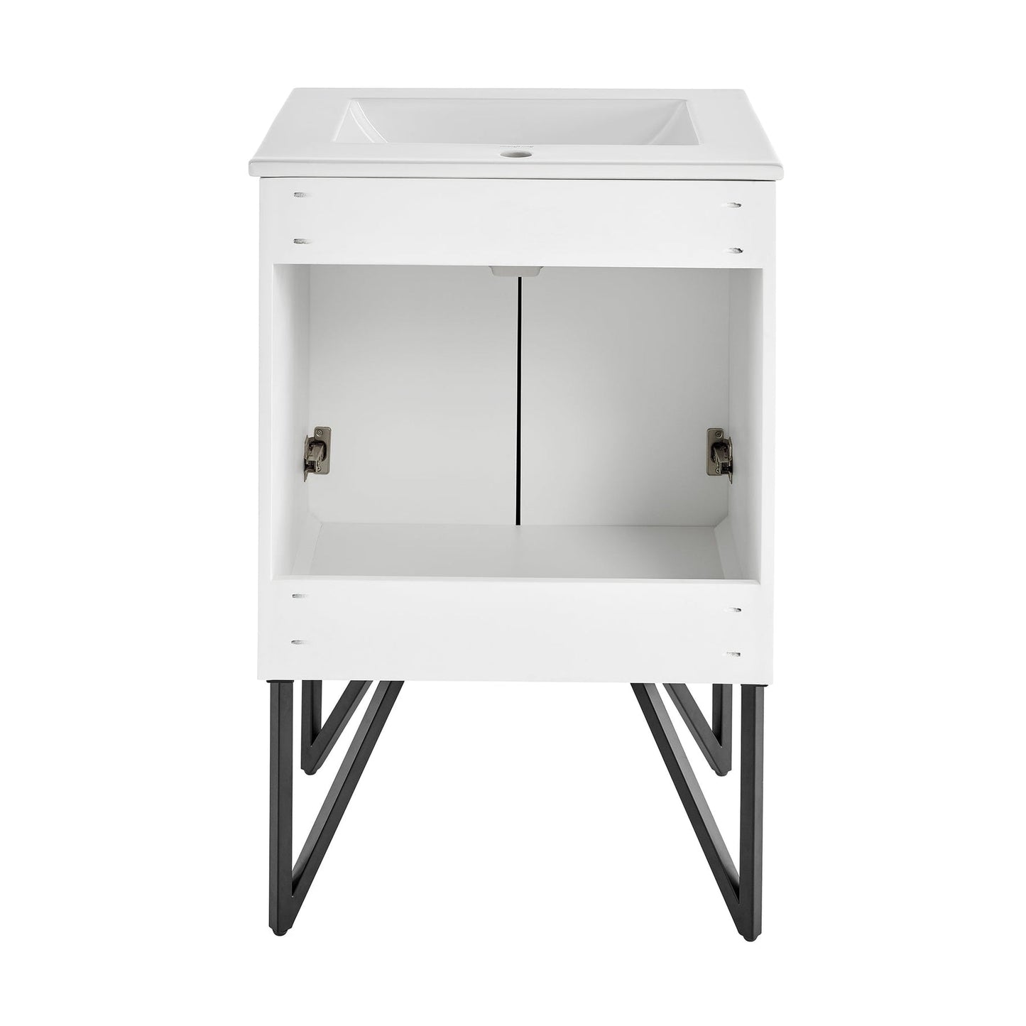 Swiss Madison Annecy 24" x 35" Freestanding Mondrian White Bathroom Vanity With Ceramic Single Sink and Stainless Steel Metal Legs