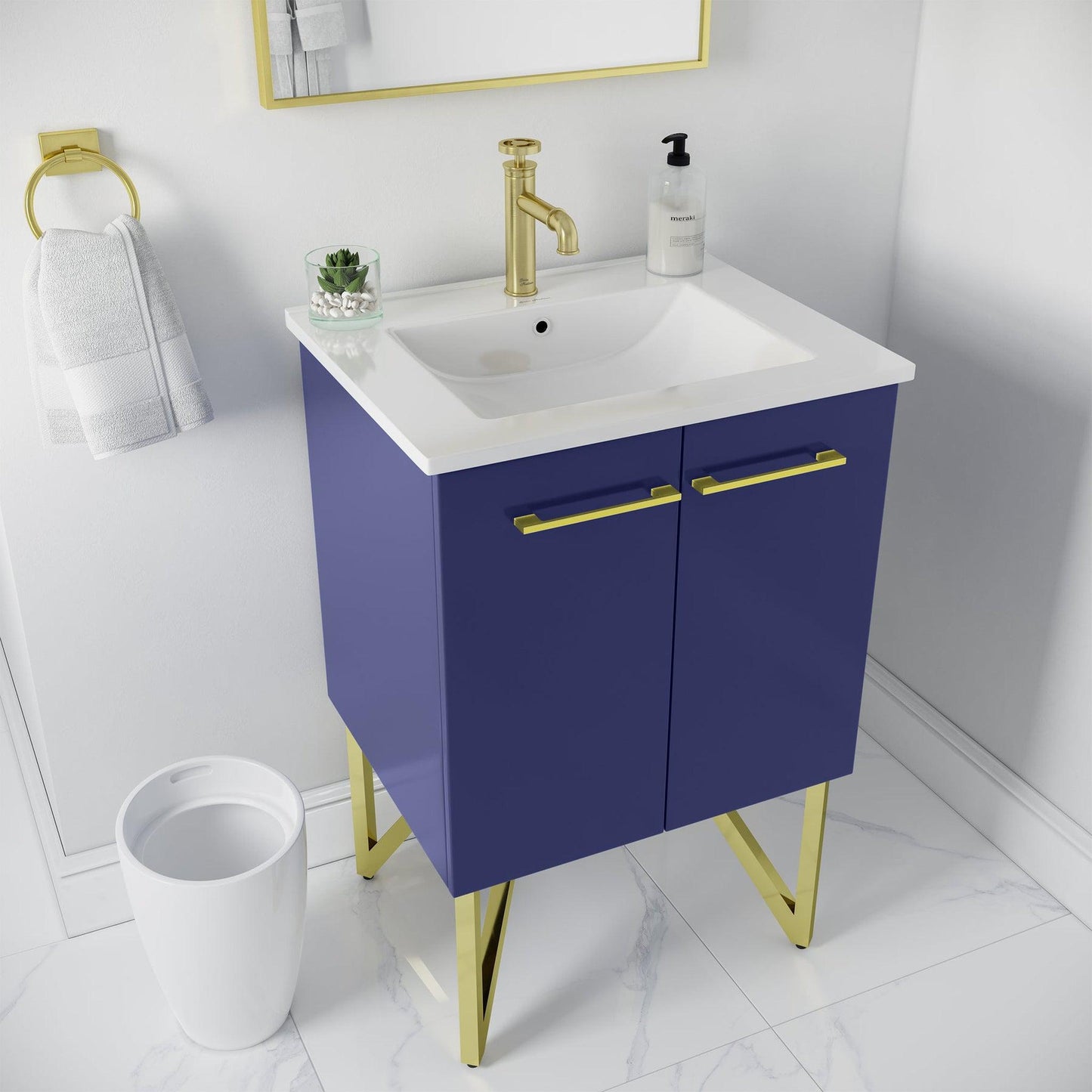 Swiss Madison Annecy 24" x 35" Freestanding Navy Blue Bathroom Vanity With Ceramic Single Sink and Stainless Steel Metal Legs