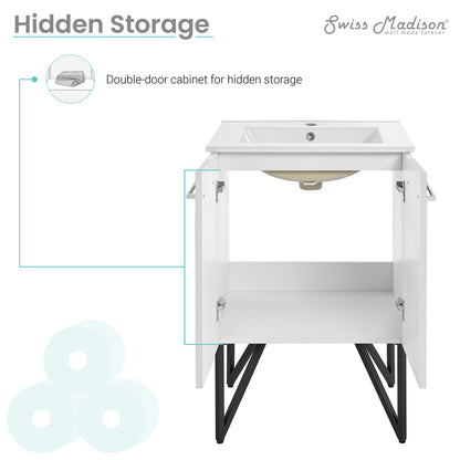 Swiss Madison Annecy 24" x 35" Freestanding White Bathroom Vanity With Ceramic Single Sink and Stainless Steel Metal Legs