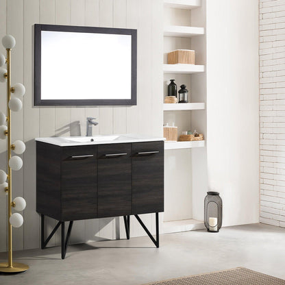 Swiss Madison Annecy 36" x 35" Freestanding Black Walnut Bathroom Vanity With Ceramic Single Sink and Stainless Steel Metal Legs