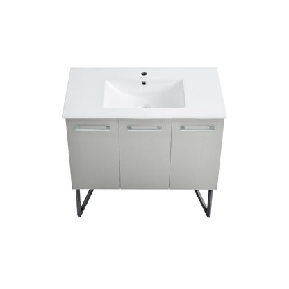 Swiss Madison Annecy 36" x 35" Freestanding Brushed Gray Bathroom Vanity With Ceramic Single Sink and Stainless Steel Metal Legs