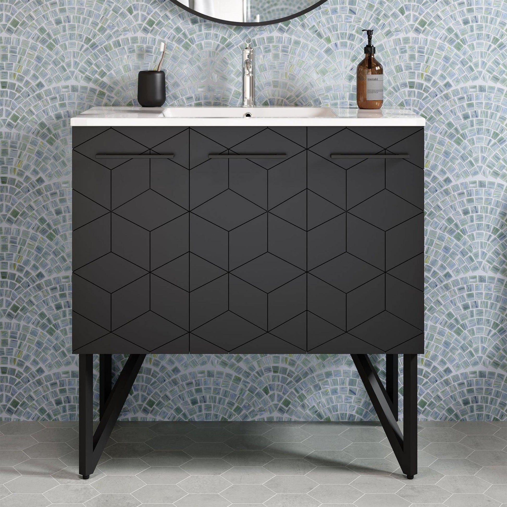 Swiss Madison Annecy 36" x 35" Freestanding Phantom Black Bathroom Vanity With Ceramic Single Sink and Stainless Steel Metal Legs