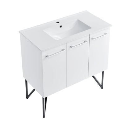 Swiss Madison Annecy 36" x 35" Freestanding White Bathroom Vanity With Ceramic Single Sink and Stainless Steel Metal Legs