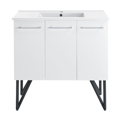 Swiss Madison Annecy 36" x 35" Freestanding White Bathroom Vanity With Ceramic Single Sink and Stainless Steel Metal Legs