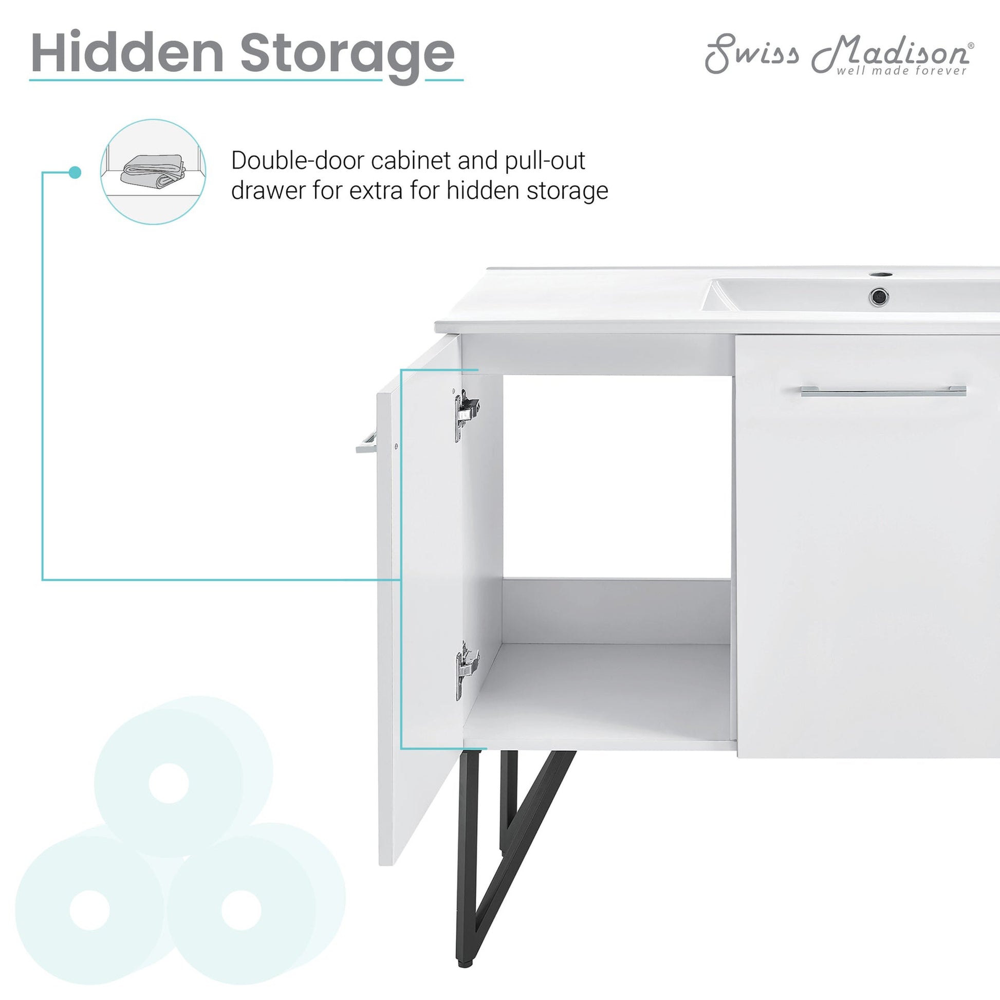 Swiss Madison Annecy 48" x 35" Freestanding White Bathroom Vanity With Ceramic Single Sink and Stainless Steel Metal Legs