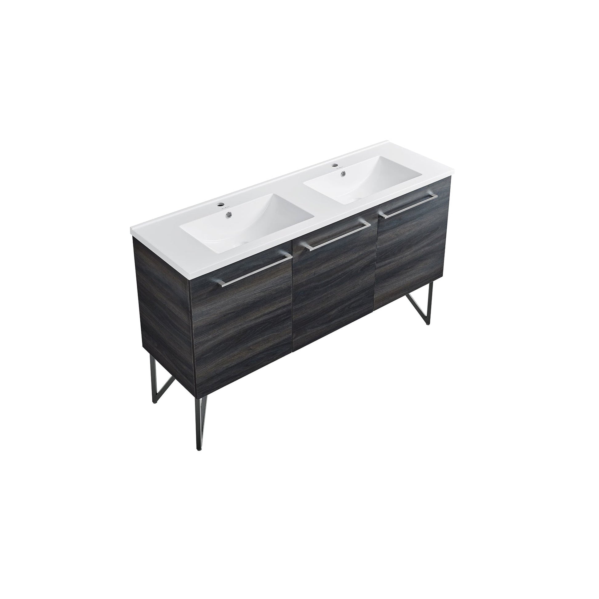 Swiss Madison Annecy 60" x 36" Freestanding Black Walnut Bathroom Vanity With Ceramic Double Sink and Stainless Steel Metal Legs