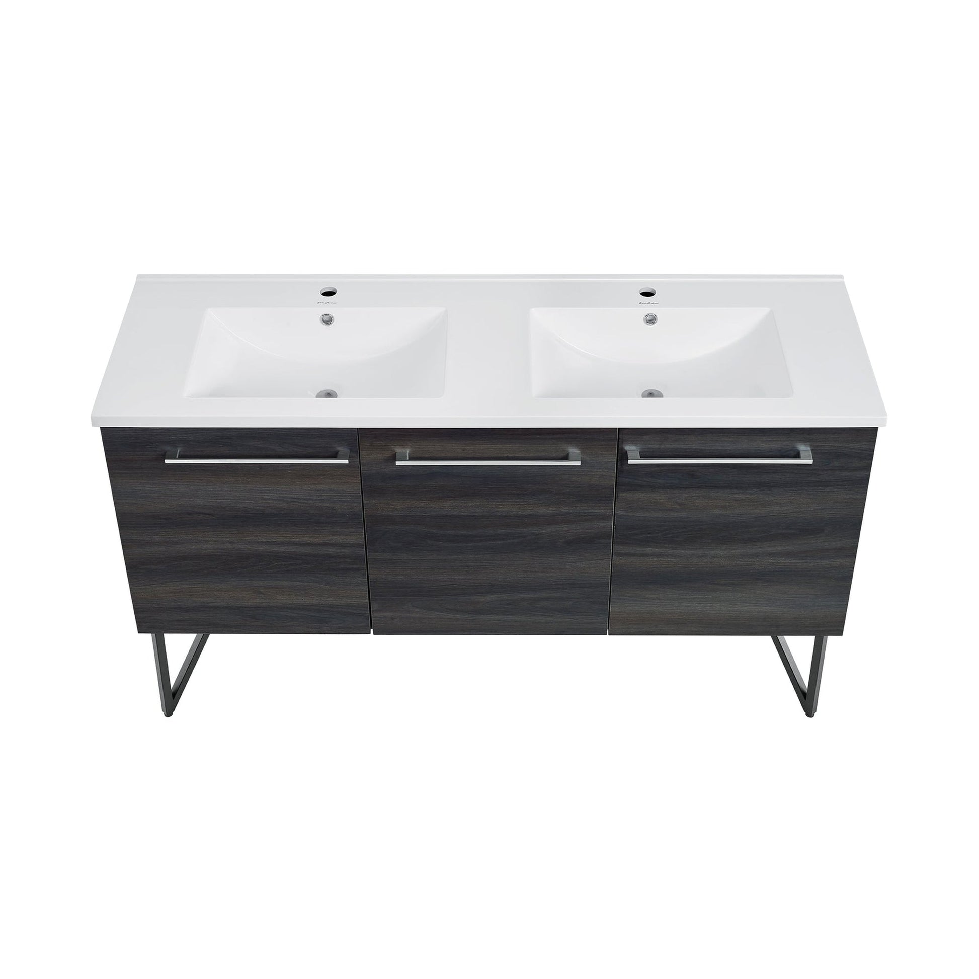 Swiss Madison Annecy 60" x 36" Freestanding Black Walnut Bathroom Vanity With Ceramic Double Sink and Stainless Steel Metal Legs