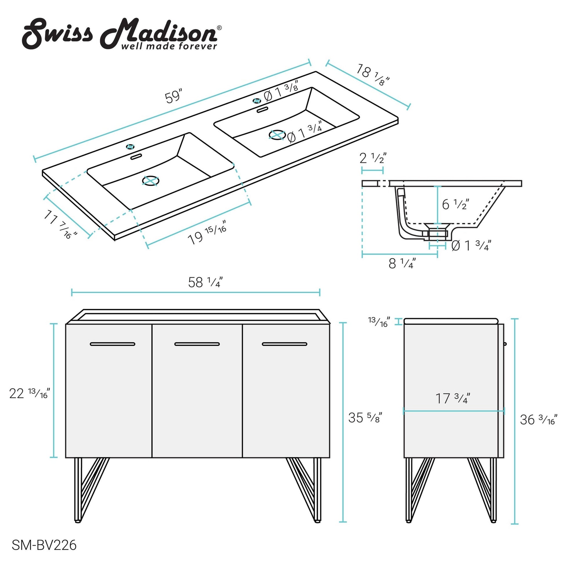 Swiss Madison Annecy 60" x 36" Freestanding Black Walnut Bathroom Vanity With Ceramic Double Sink and Stainless Steel Metal Legs