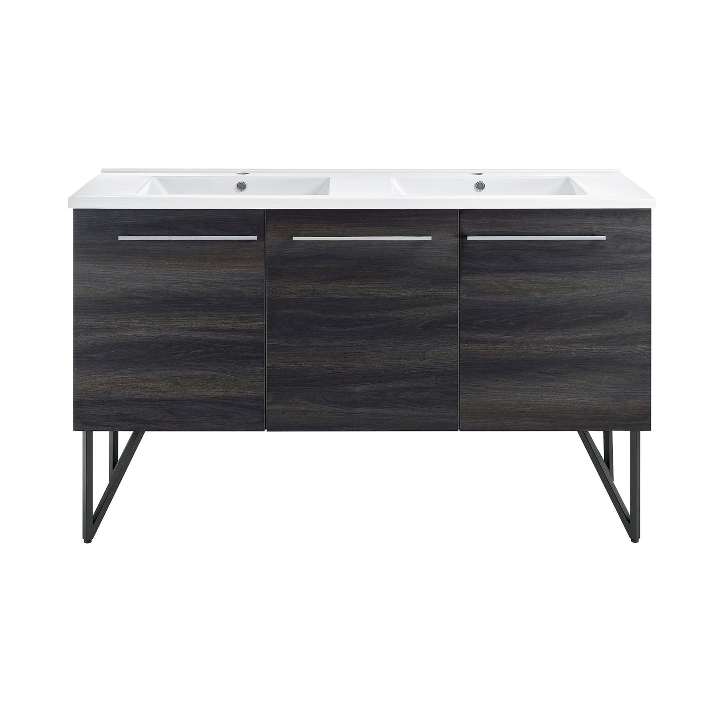 Swiss Madison Annecy 60" x 36" Freestanding Black Walnut Bathroom Vanity With Ceramic Double Sink and Stainless Steel Metal Legs