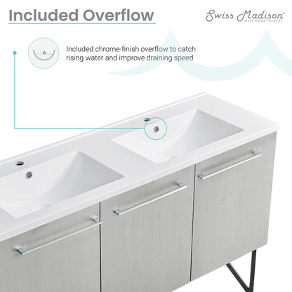 Swiss Madison Annecy 60" x 36" Freestanding Brushed Gray Bathroom Vanity With Ceramic Double Sink and Stainless Steel Metal Legs