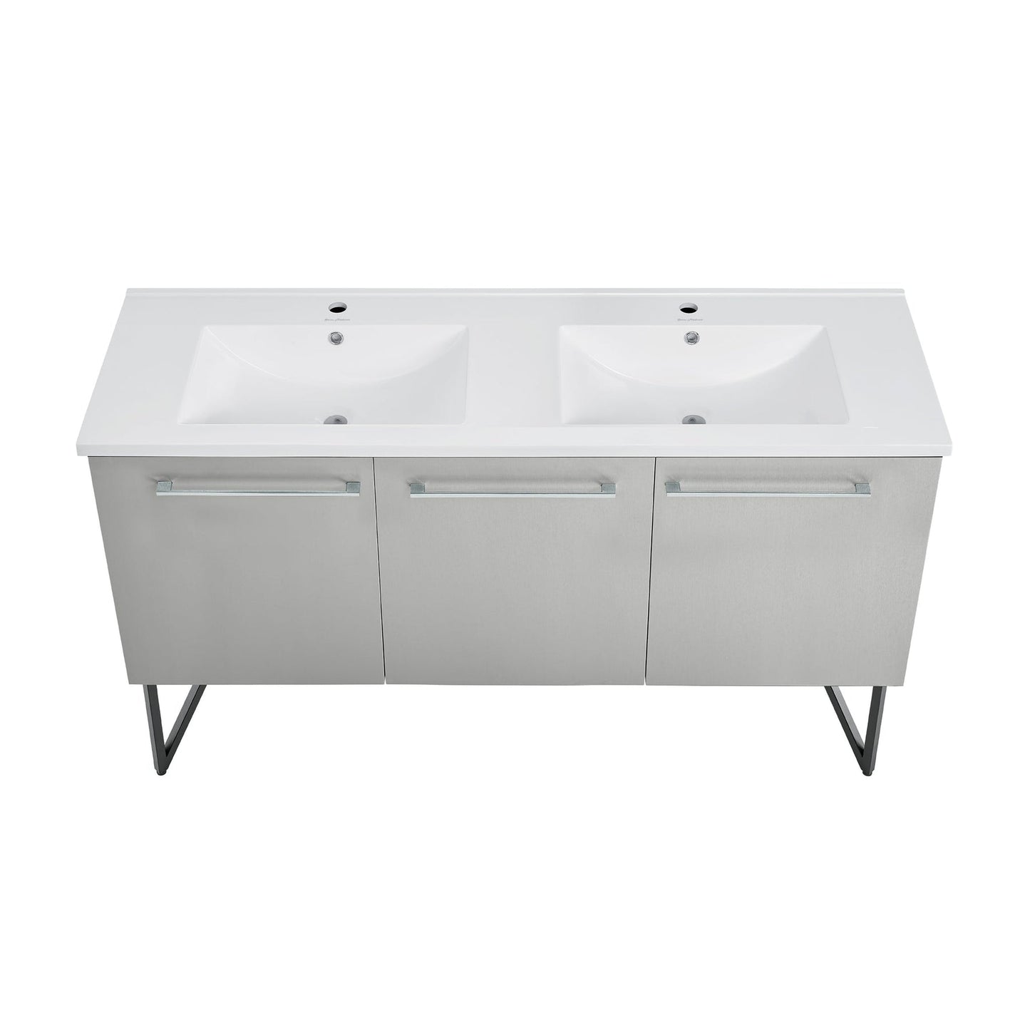 Swiss Madison Annecy 60" x 36" Freestanding Brushed Gray Bathroom Vanity With Ceramic Double Sink and Stainless Steel Metal Legs