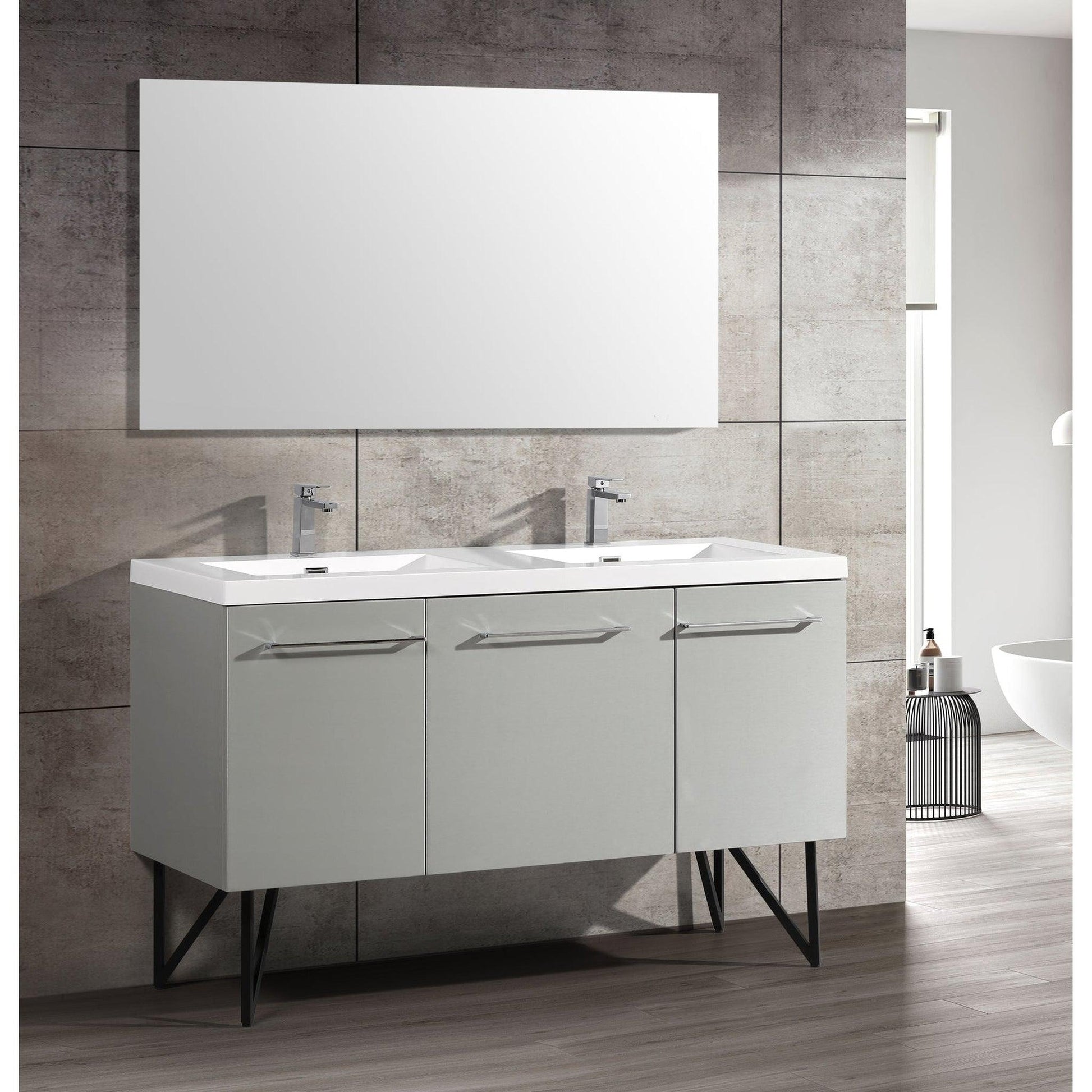 Swiss Madison Annecy 60" x 36" Freestanding Brushed Gray Bathroom Vanity With Ceramic Double Sink and Stainless Steel Metal Legs