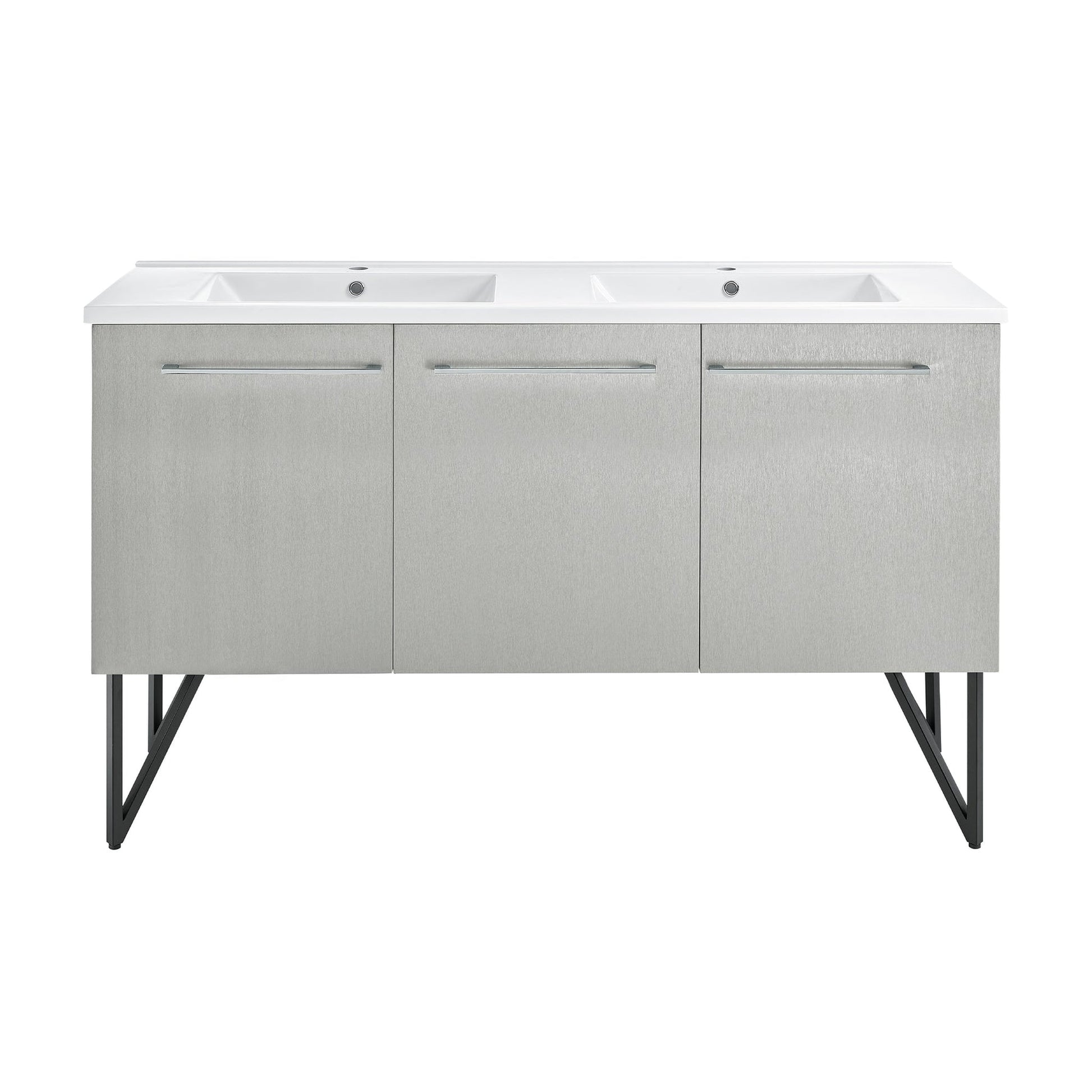 Swiss Madison Annecy 60" x 36" Freestanding Brushed Gray Bathroom Vanity With Ceramic Double Sink and Stainless Steel Metal Legs