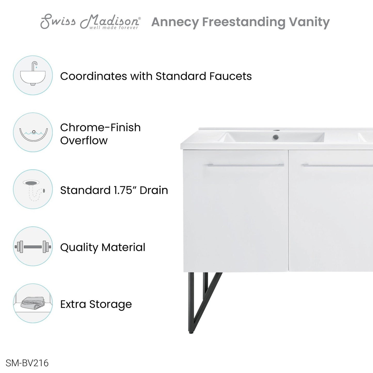 Swiss Madison Annecy 60" x 36" Freestanding White Bathroom Vanity With Ceramic Double Sink and Stainless Steel Metal Legs