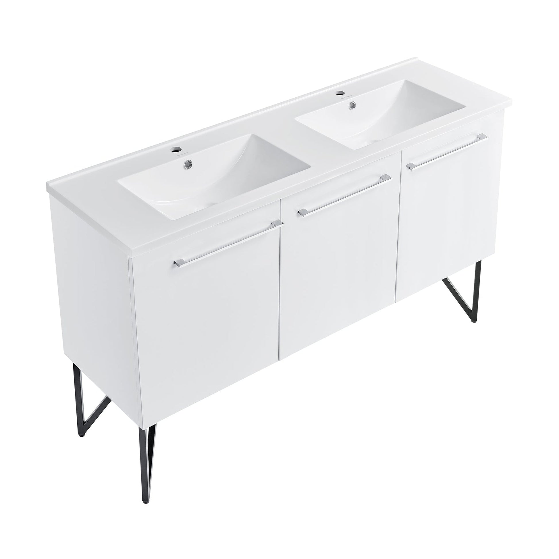 Swiss Madison Annecy 60" x 36" Freestanding White Bathroom Vanity With Ceramic Double Sink and Stainless Steel Metal Legs