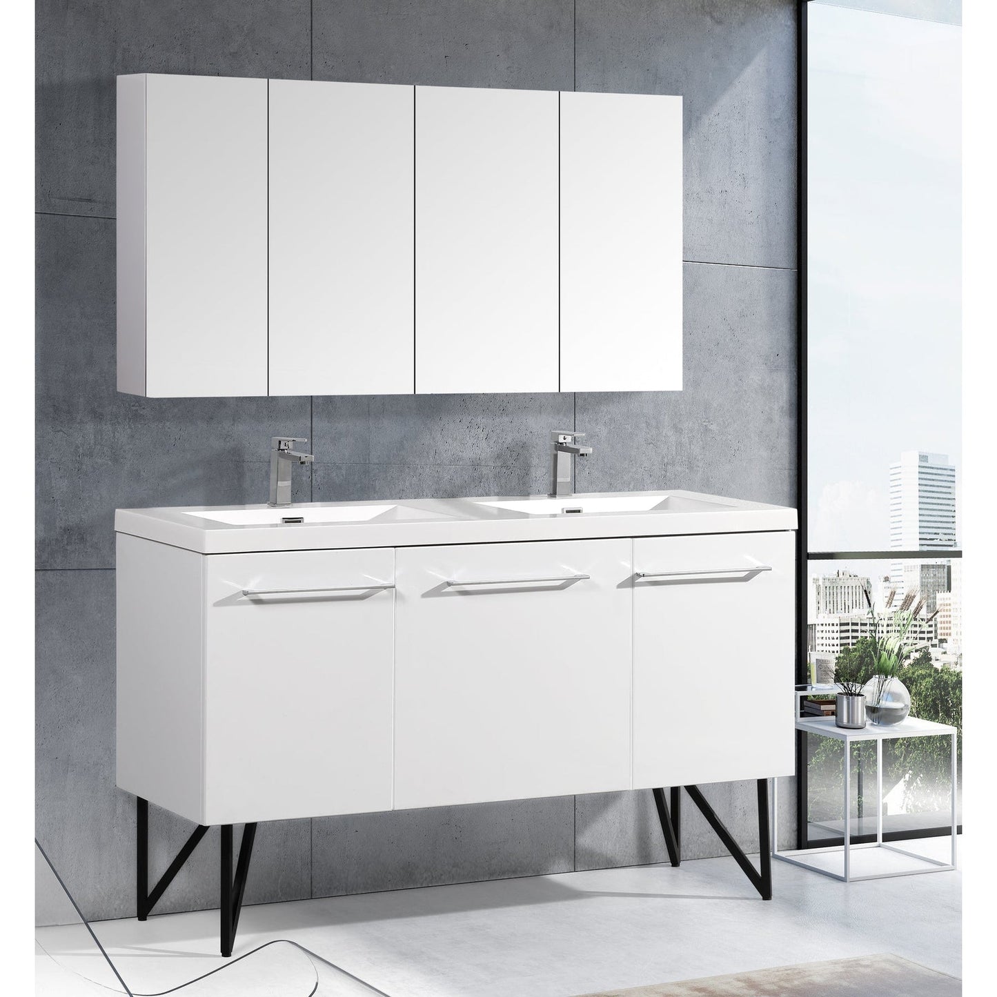 Swiss Madison Annecy 60" x 36" Freestanding White Bathroom Vanity With Ceramic Double Sink and Stainless Steel Metal Legs