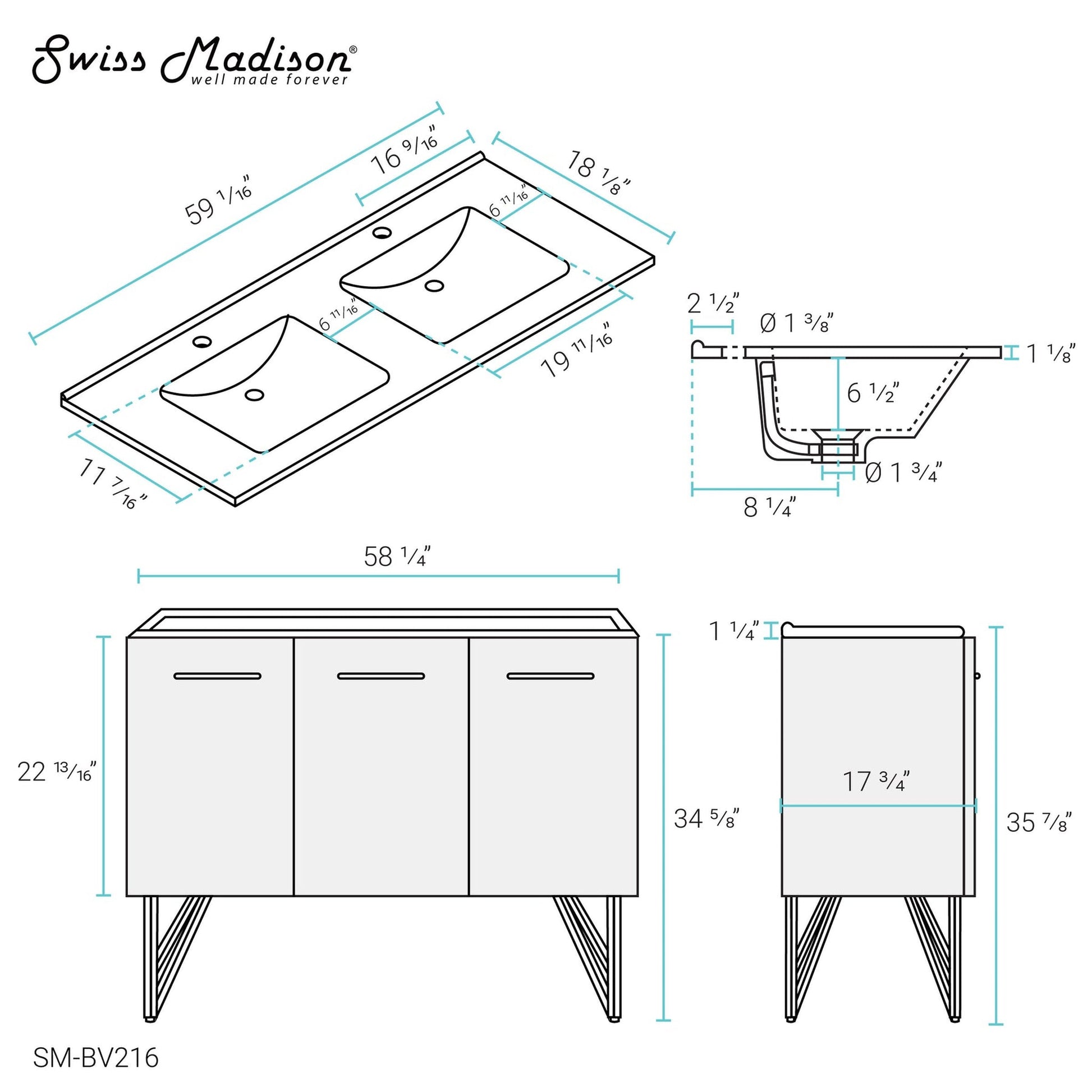 Swiss Madison Annecy 60" x 36" Freestanding White Bathroom Vanity With Ceramic Double Sink and Stainless Steel Metal Legs