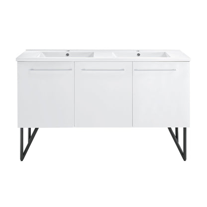 Swiss Madison Annecy 60" x 36" Freestanding White Bathroom Vanity With Ceramic Double Sink and Stainless Steel Metal Legs