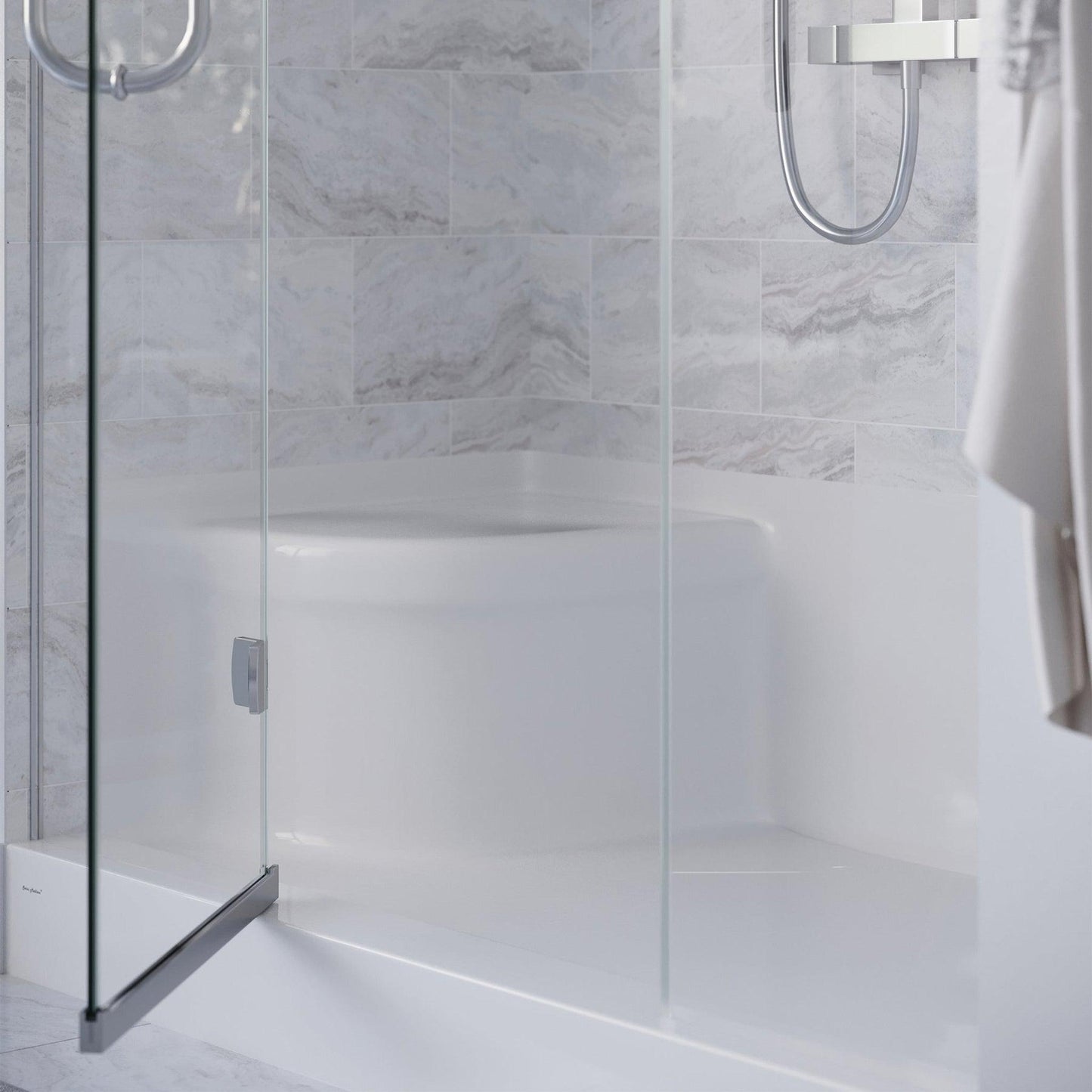 Swiss Madison Aquatique 60" x 32" Three-Wall Alcove White Right-Hand Drain Seated Shower Base With Built-In Integral Flange and Integrated Seat