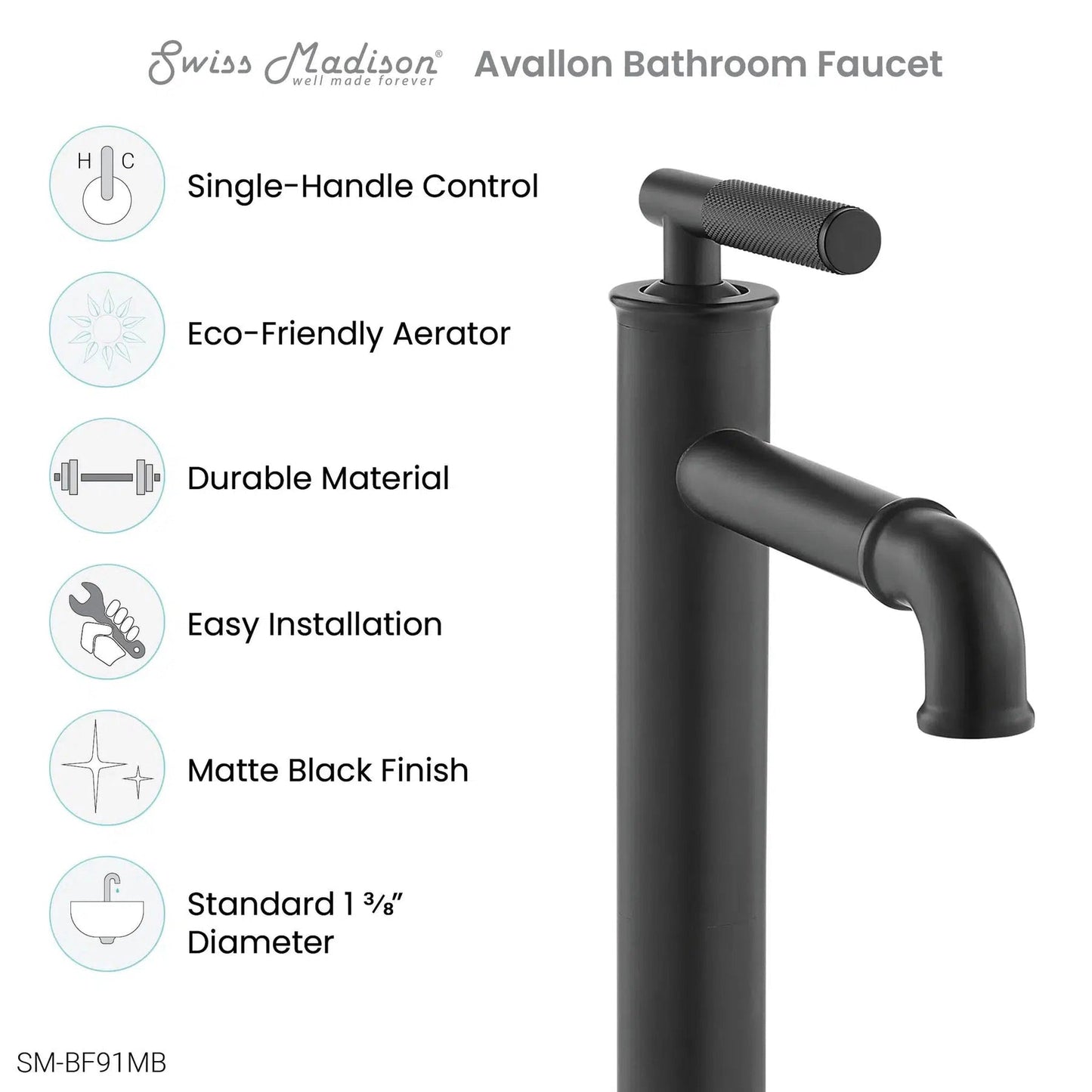 Swiss Madison Avallon 11" Single-Handle Matte Black Bathroom Faucet With 1.2 GPM Flow Rate